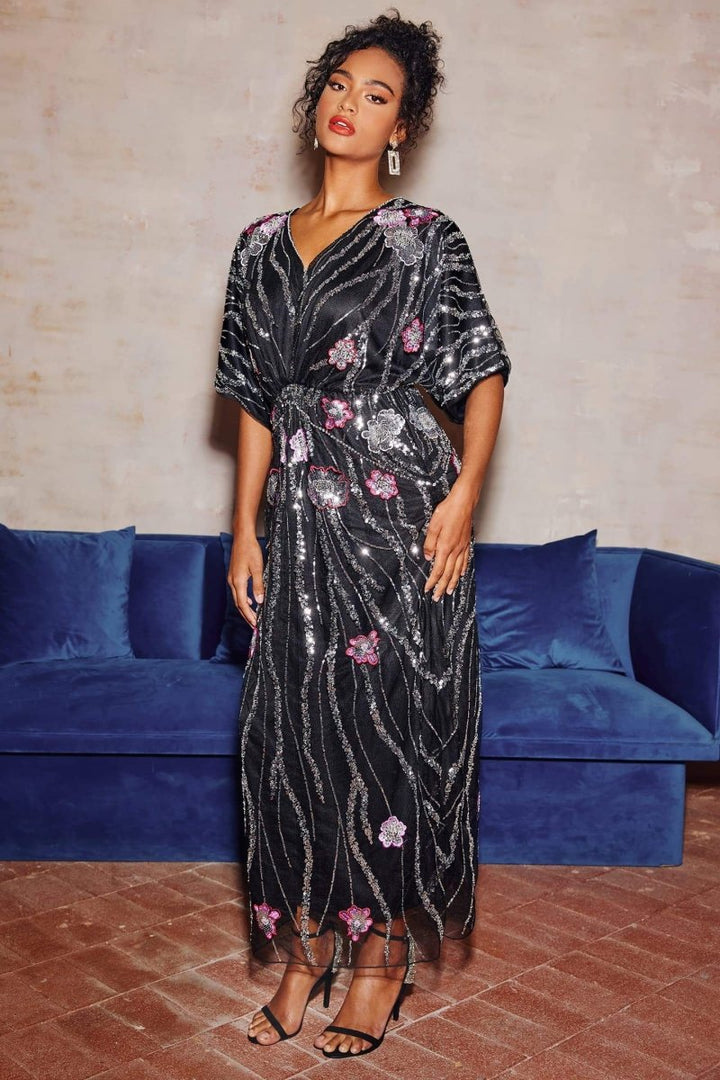 Nina Maxikleid mit Blumenstickerei und Pailletten - Rückenansicht - KYMA