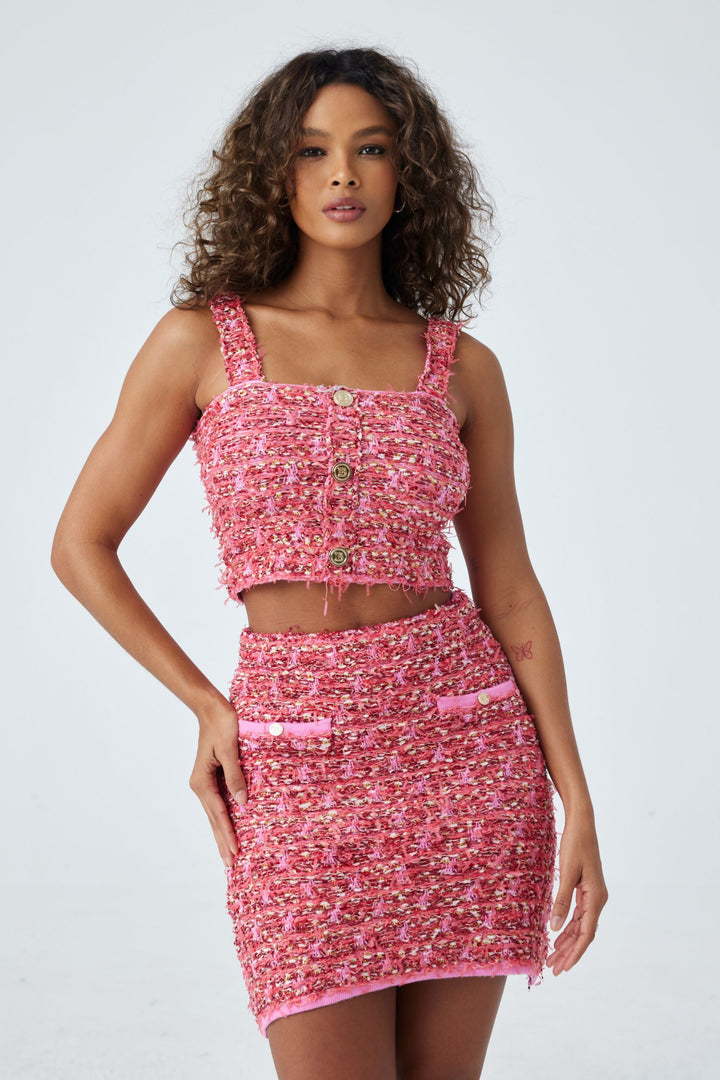 Riva Crop Top und Rock Set in Tweed mit eckigem Ausschnitt und goldener Knopfleiste – KYMA