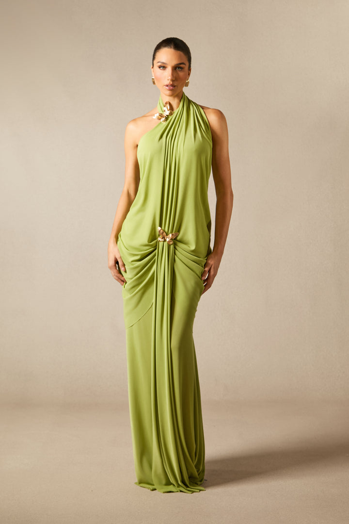 Sabrina Maxikleid mit Schmetterlings-Applikationen und Neckholder, vorne