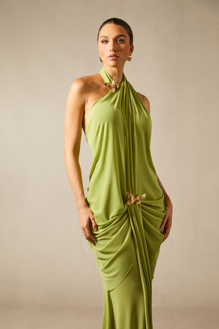 Sabrina Maxikleid mit Schmetterlings-Applikationen und Neckholder, von der Seite