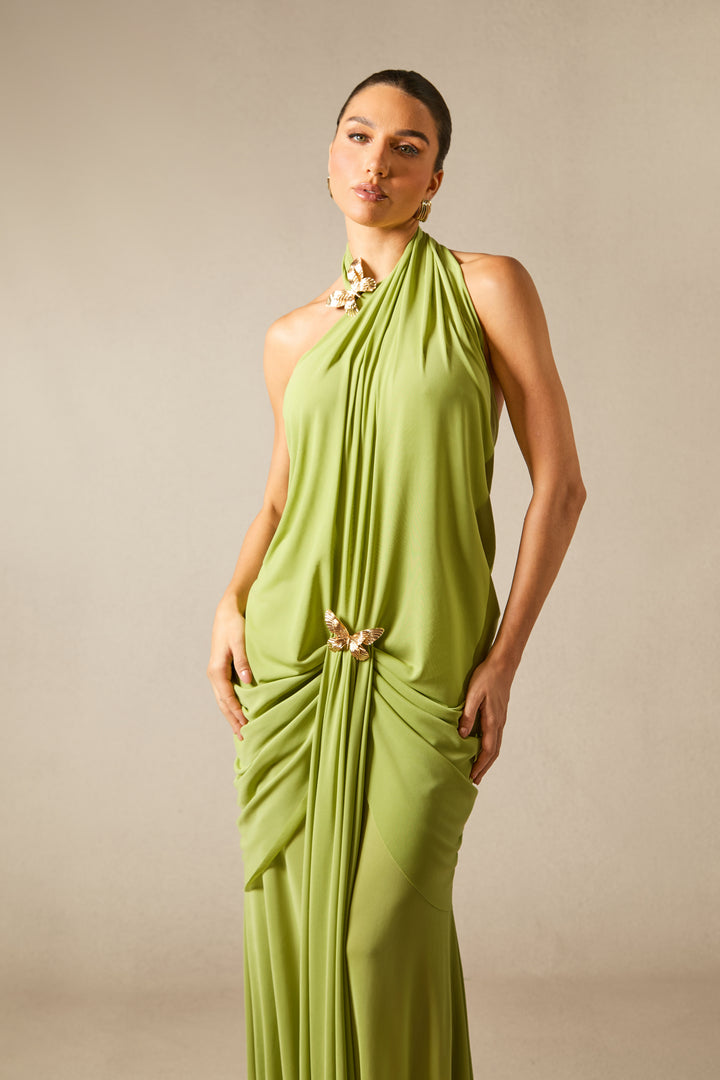 Sabrina Maxikleid mit Schmetterlings-Applikationen und Neckholder, Detail des Reißverschlusses