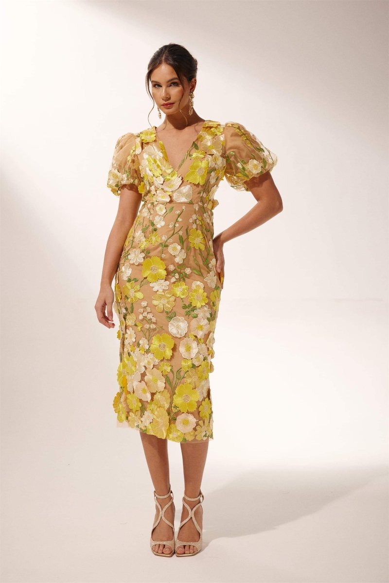 Sally V-Ausschnitt Blumen Midi-Kleid mit Spitze Vorderansicht - KYMA