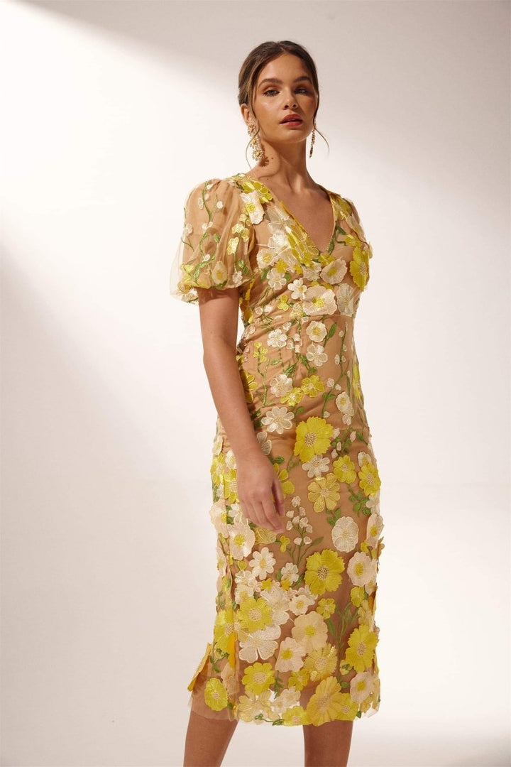 Sally V-Ausschnitt Blumen Midi-Kleid mit Spitze Detail 2 - KYMA