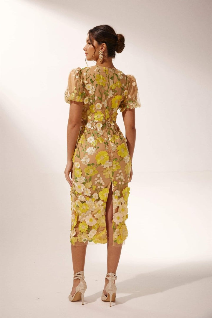 Sally V-Ausschnitt Blumen Midi-Kleid mit Spitze Silhouette - KYMA