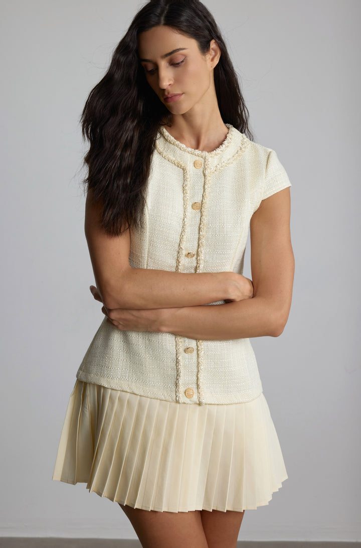 Sally Mini-Kleid aus Tweed mit Flügelärmeln und Falten - KYMA