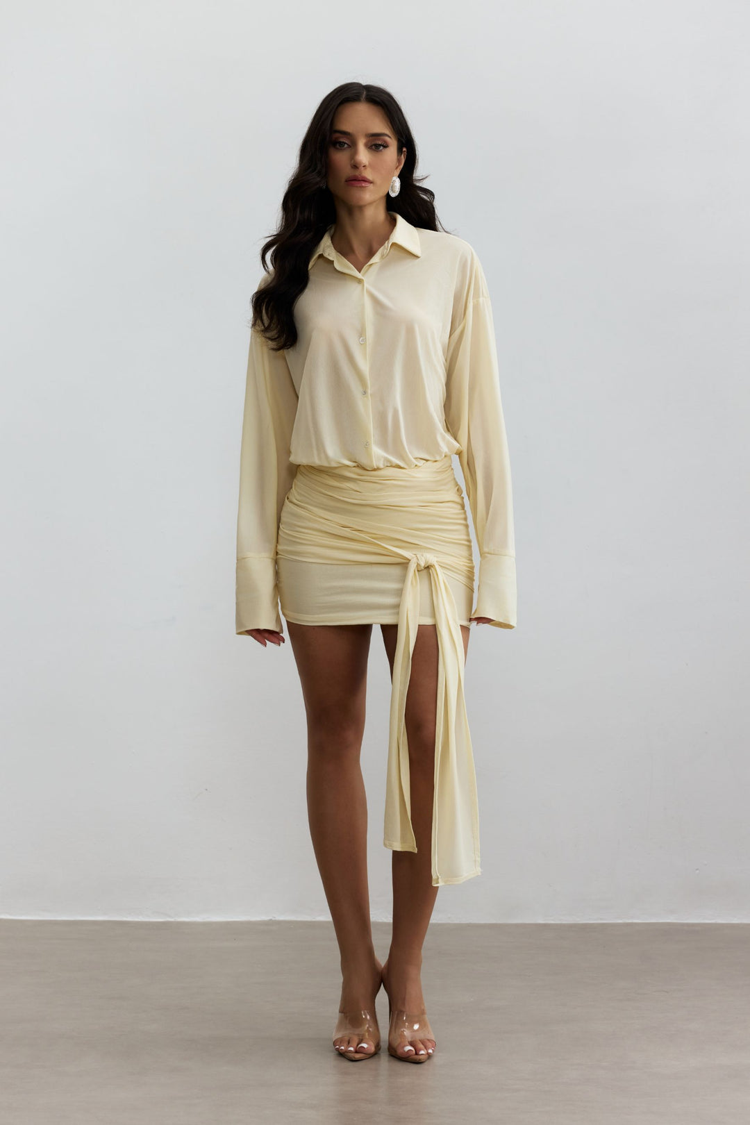 Sandy gerafftes Mini-Hemdblusenkleid Detail Raffung