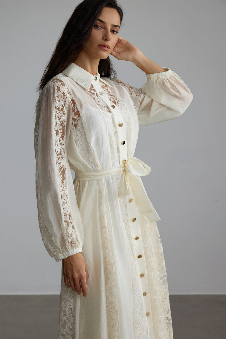 Serena Midi-Kleid mit Hemdkragen und Spitze Detail Spitze - KYMA