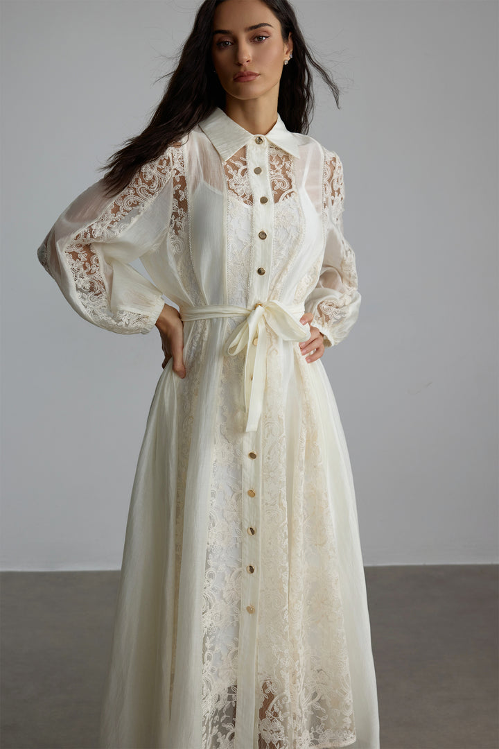 Serena Midi-Kleid mit Hemdkragen und Spitze Rückenansicht - KYMA