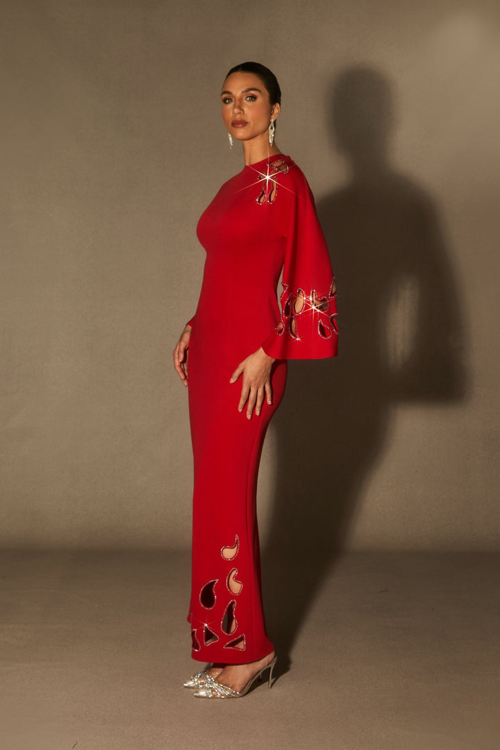 Seitenansicht des eleganten Sharon Maxikleides mit Cut-Out