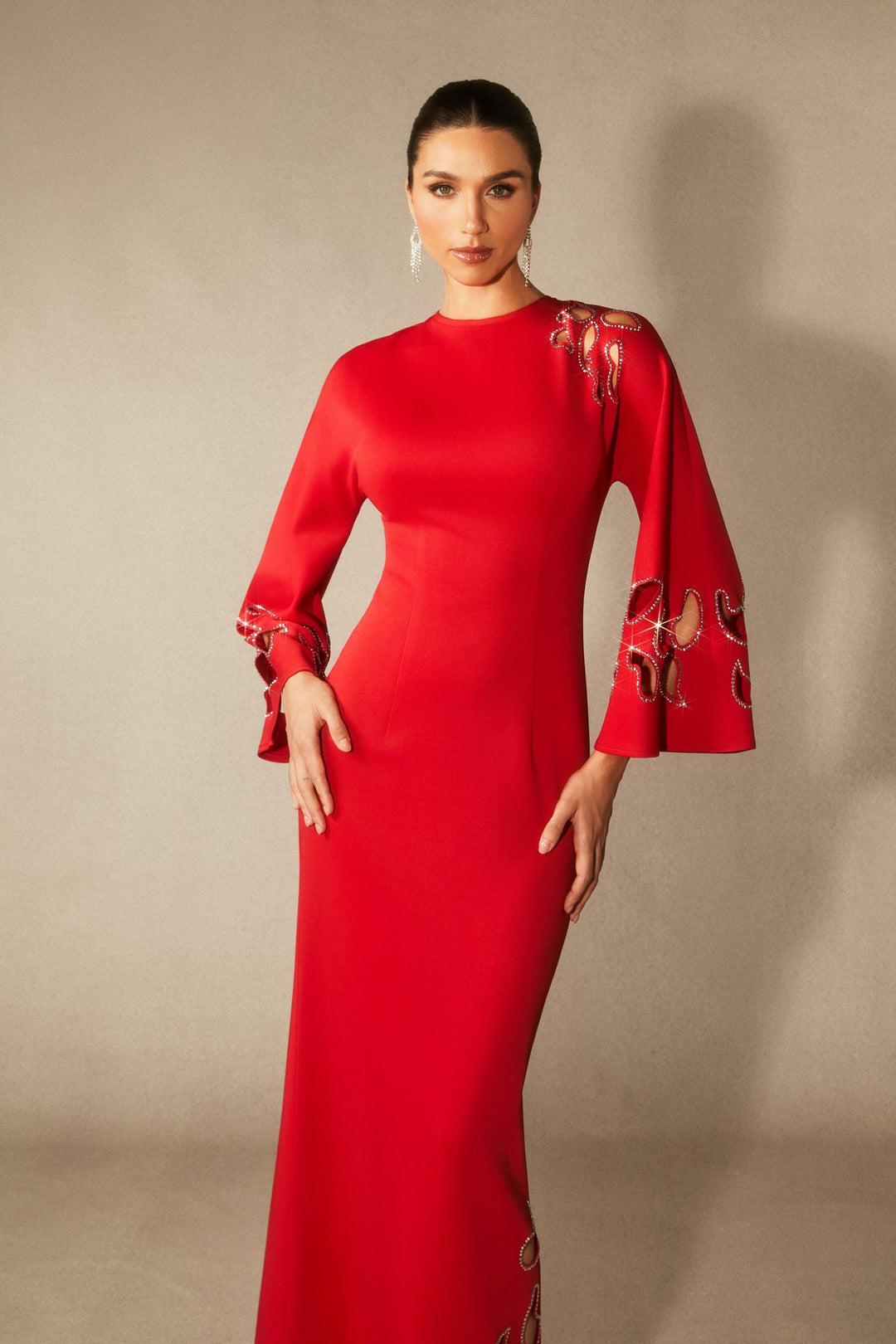Stoffdetail des schweren Jersey-Strick des Sharon Maxikleides