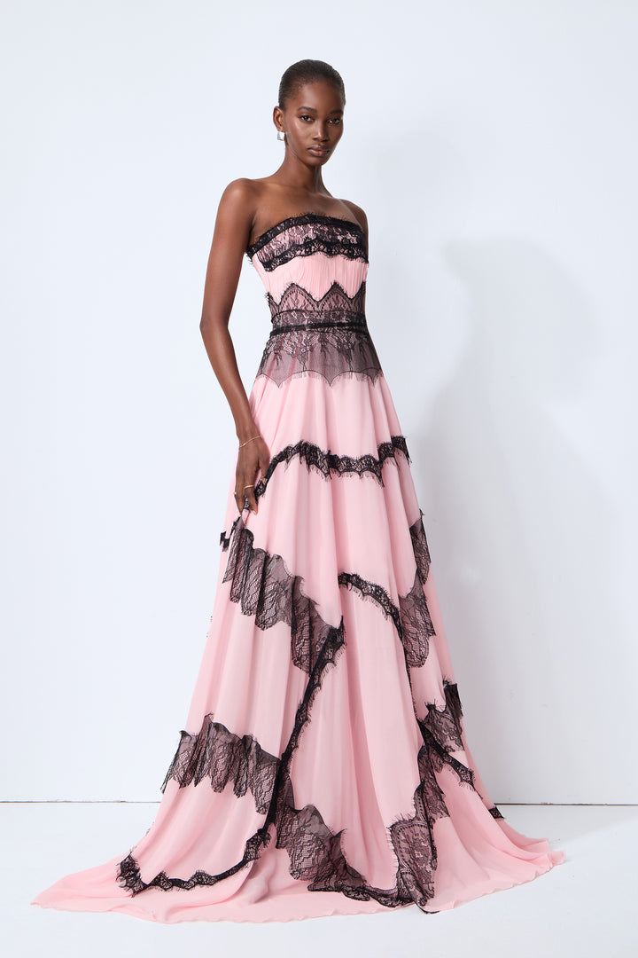 Secret Grove Miederkleid mit schwarzer Spitze und rosa Chiffonrock, schulterfrei – KYMA