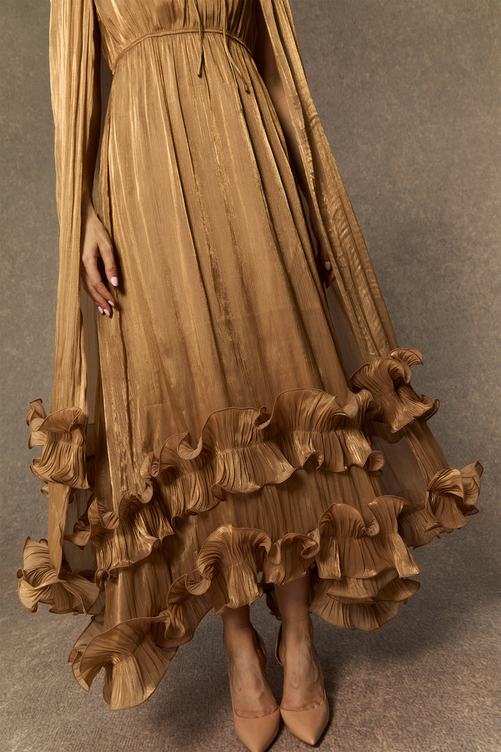 Shirley Cape Effect Rüschen Midikleid Modellansicht 6 - KYMA
