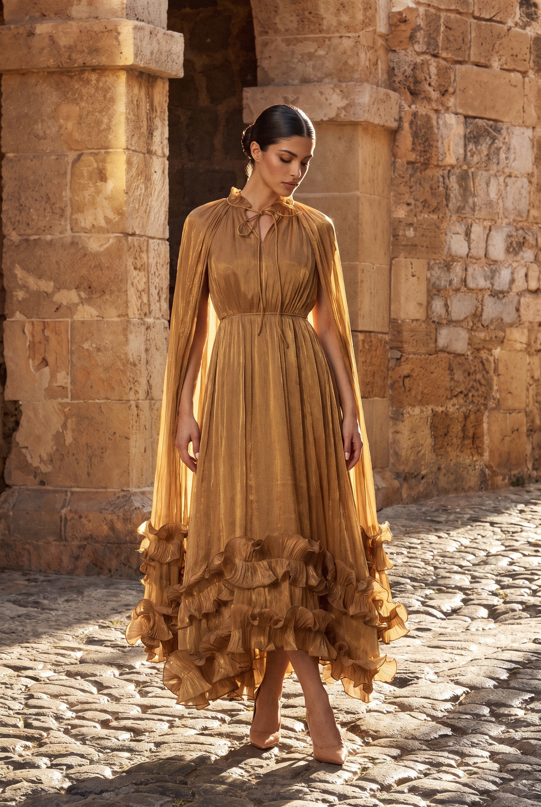 Shirley Cape Effect Rüschen Midikleid Rückansicht - KYMA