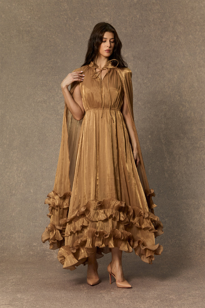 Shirley Cape Effect Rüschen Midikleid Stoffmuster - KYMA