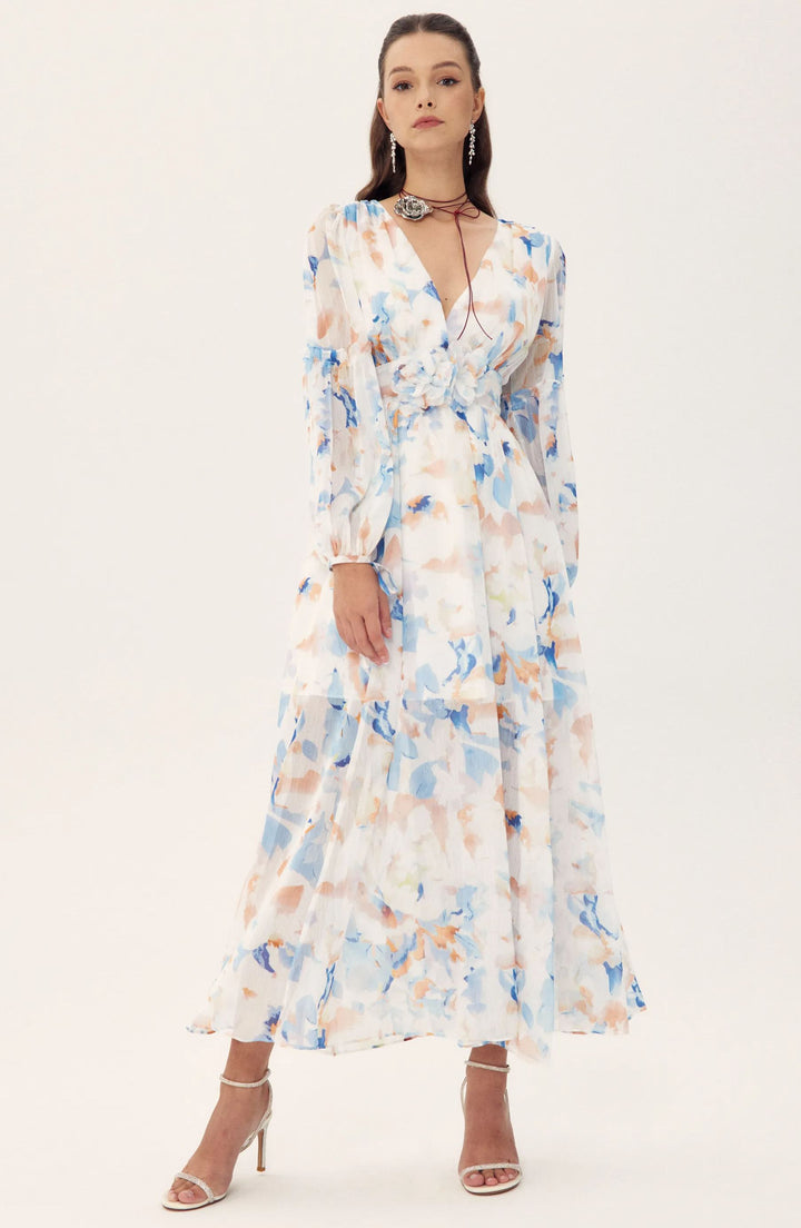 Shirley V-Ausschnitt Midi Chiffonkleid mit Blumendruck von KYMA