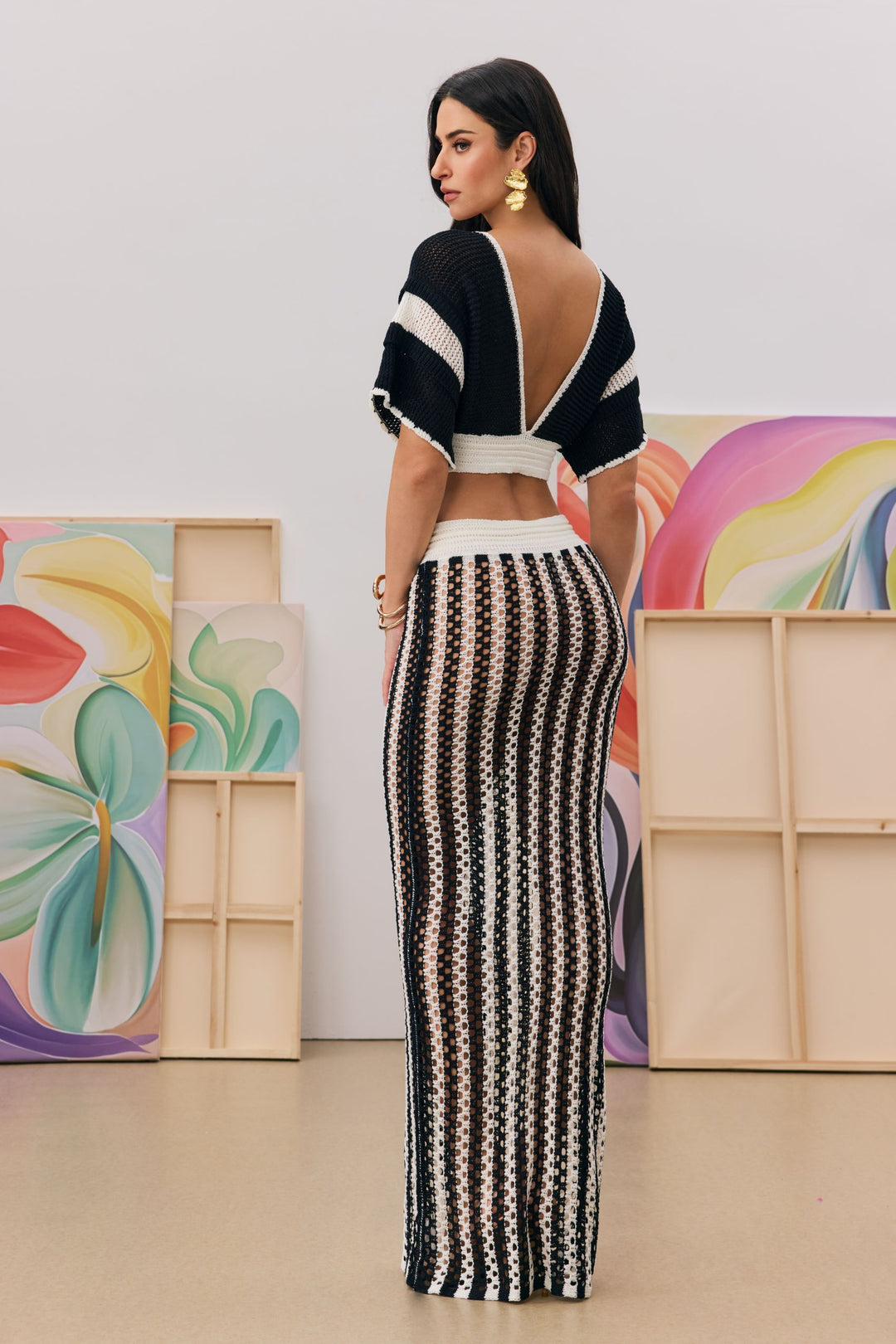 Sibyl Hollow Out Stripe Strickset Rock Detail