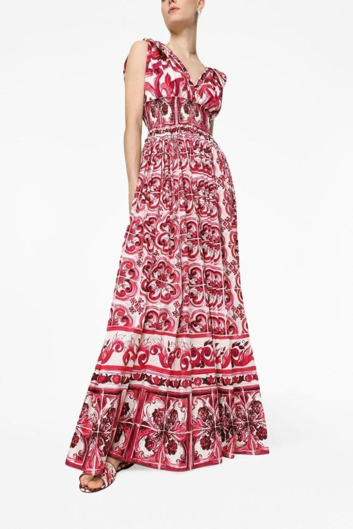 Sibyl gemustertes Maxi-Kleid mit Knoten-Trägern vorne - KYMA