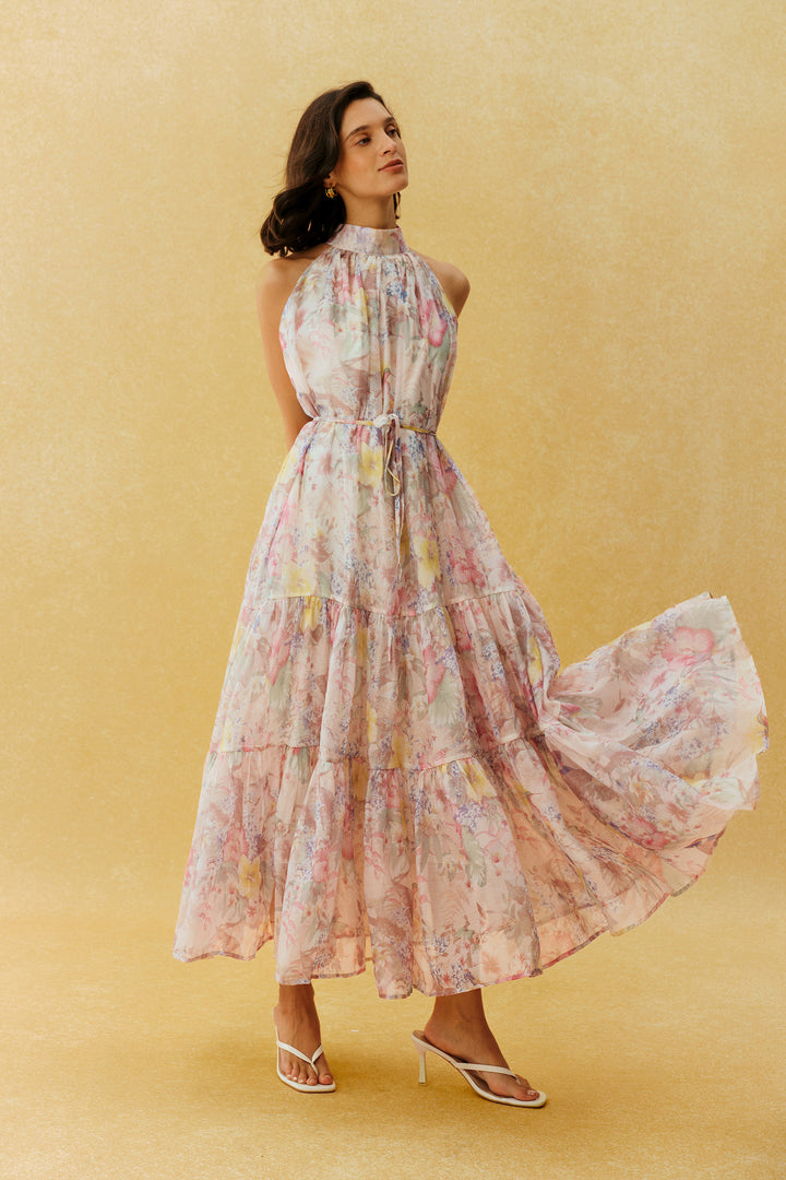 Stay In The Garden pinkes Maxikleid mit Blumenmuster und Spaghettiträgern Rock Detail