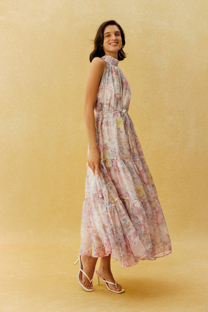 Stay In The Garden pinkes Maxikleid mit Blumenmuster und Spaghettiträgern Stoff Detail