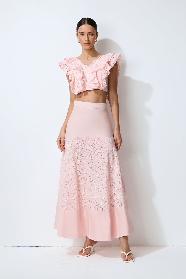 Model trägt das rosa Rüschen Set – KYMA
