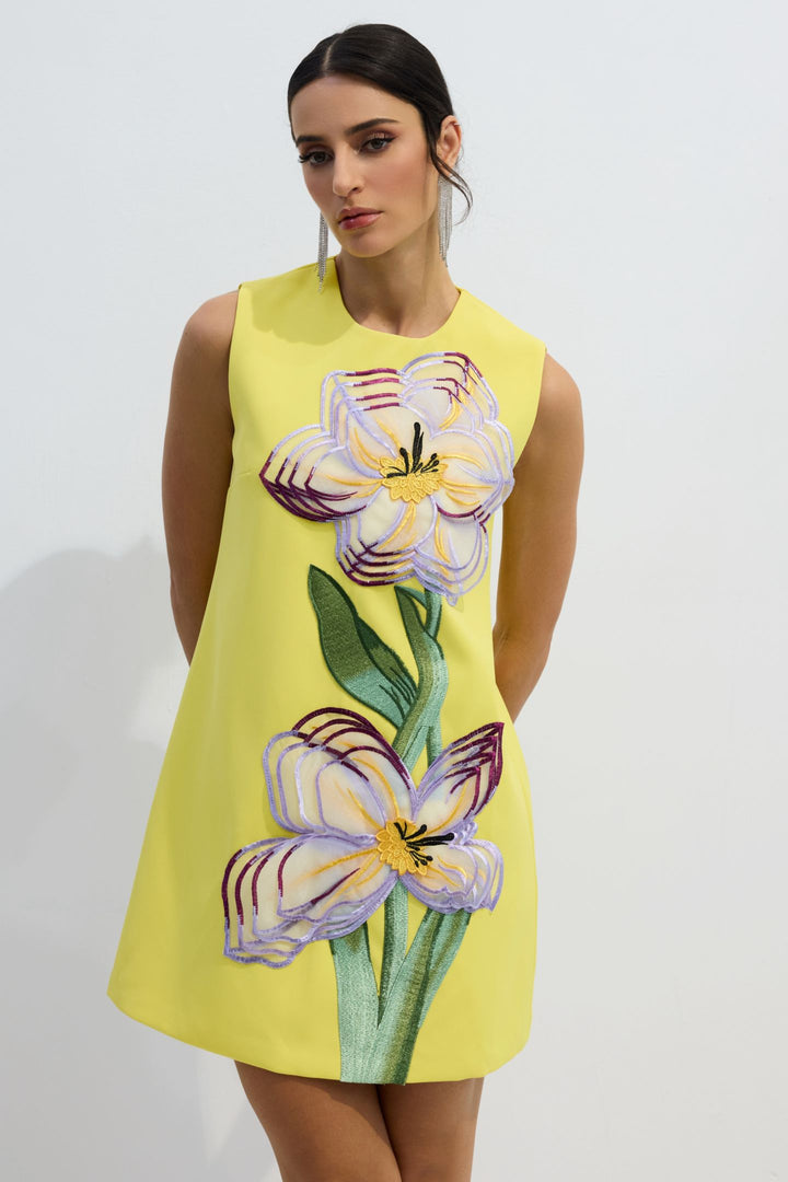 Vera ärmelloses Minikleid mit floraler Applikation Modellansicht - KYMA