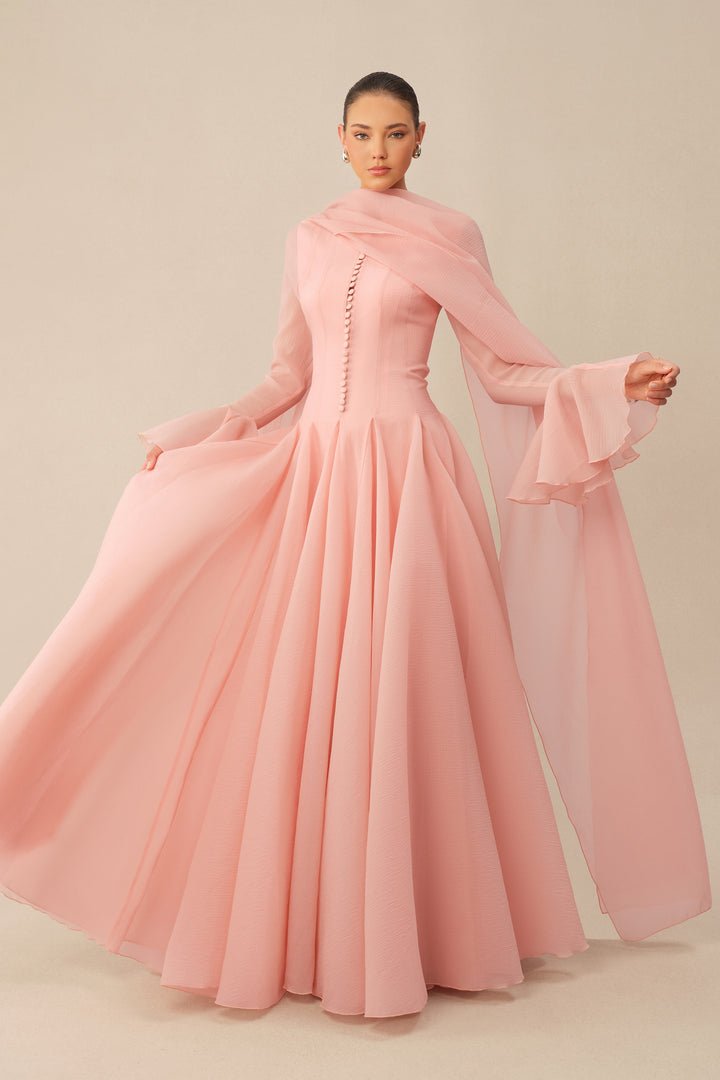 Rosa Maxikleid mit strukturiertem Stoff und Glockenärmeln - KYMA