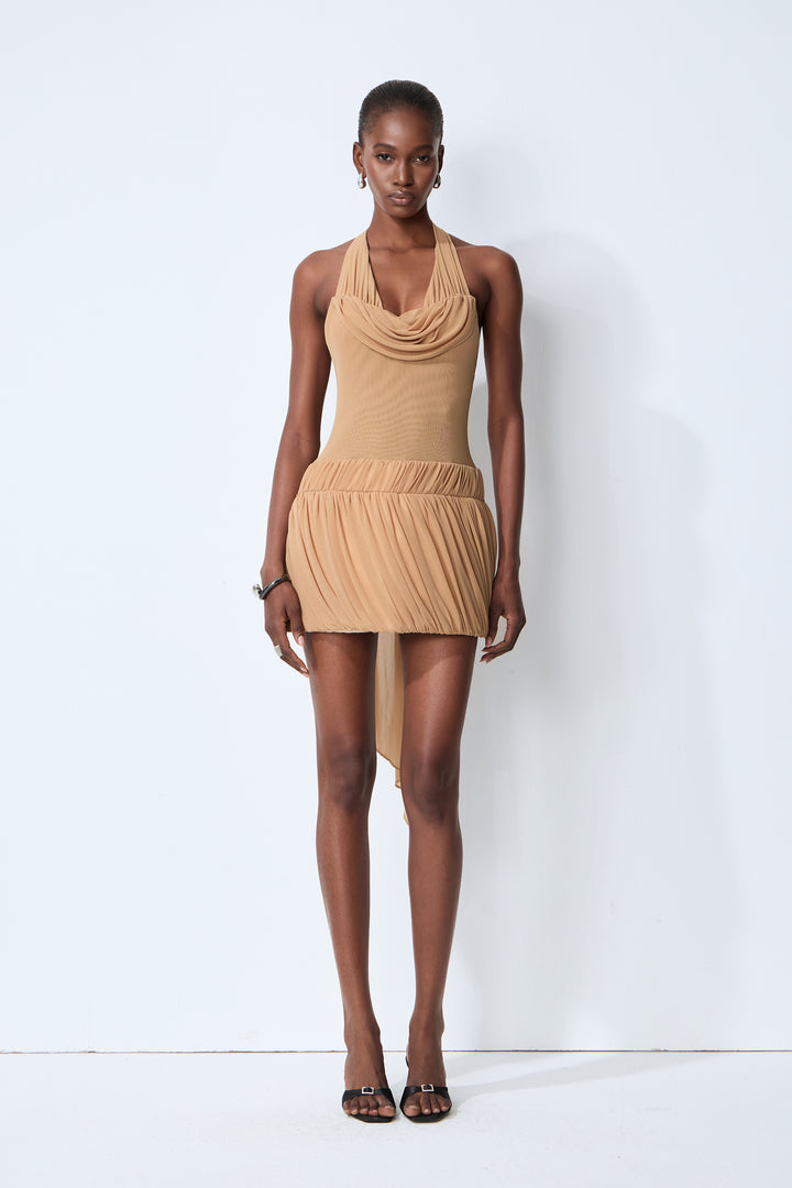 Khaki-farbenes Mini-Kleid mit Neckholder und Falten - KYMA